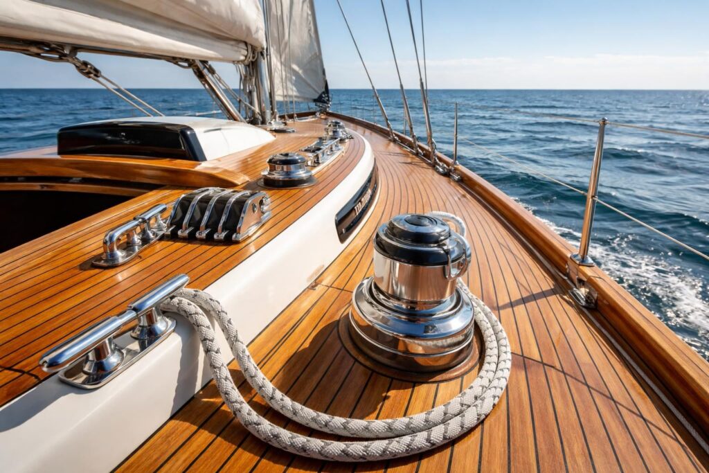 Équiper votre voilier avec pont en teck Iroko et accastillage inox Wichard pour la navigation