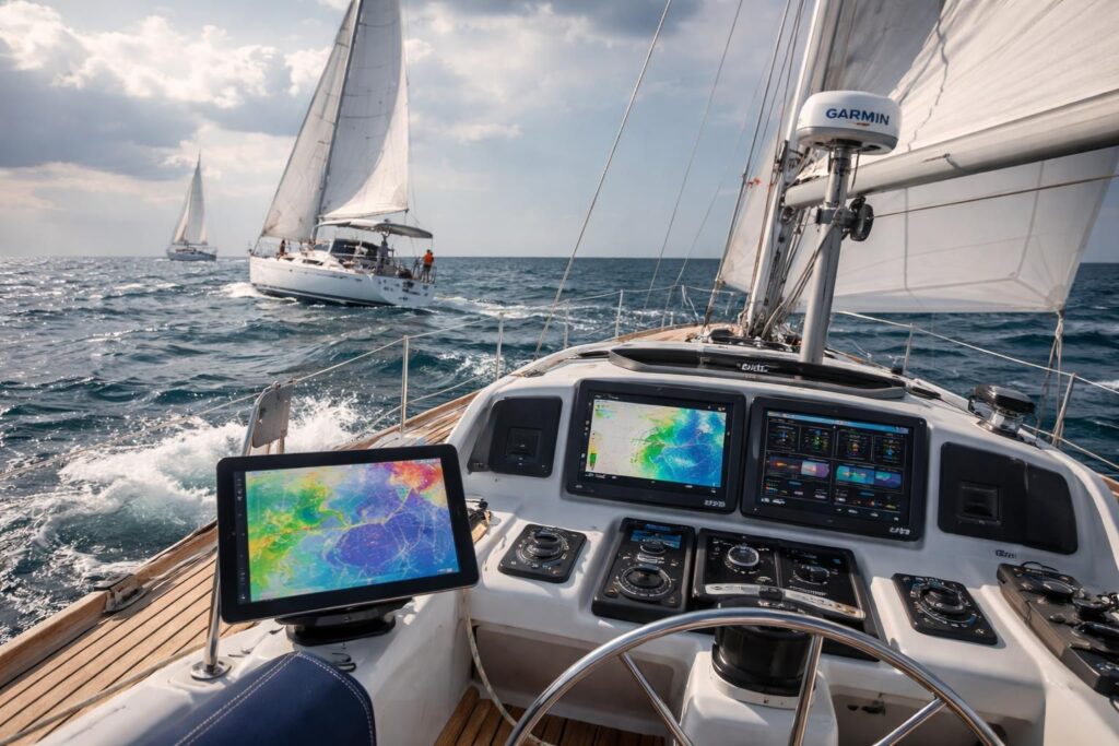 Les voiliers équipés avec GPS Garmin, pilotes automatiques Raymarine et applications météo Windy