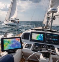 Les voiliers équipés avec GPS Garmin, pilotes automatiques Raymarine et applications météo Windy