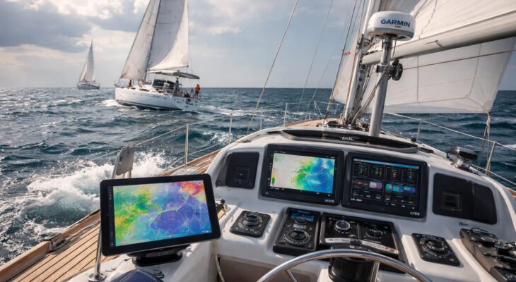 Les voiliers équipés avec GPS Garmin, pilotes automatiques Raymarine et applications météo Windy