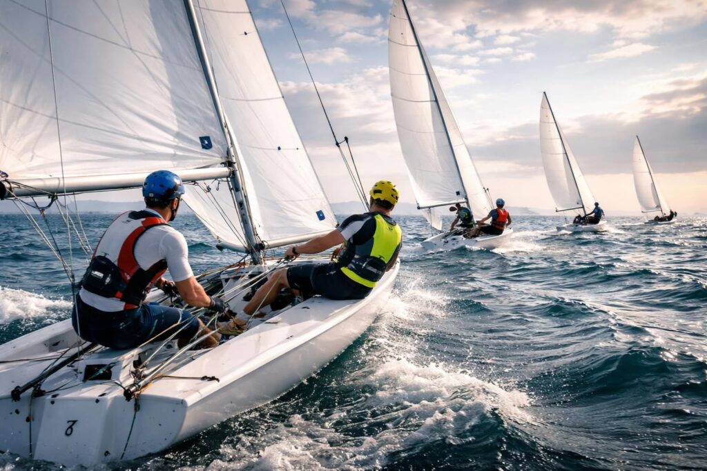 Voile sportive et régattes compétition avec équipement navigation pour dériveurs 470 et Laser olympiques