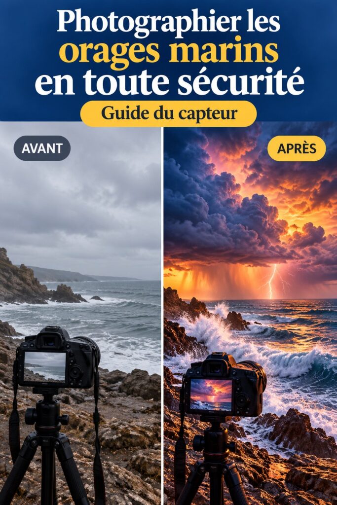 Photographe capturant un orage marin depuis une falaise, en toute sécurité, avec un ciel sombre en arrière-plan