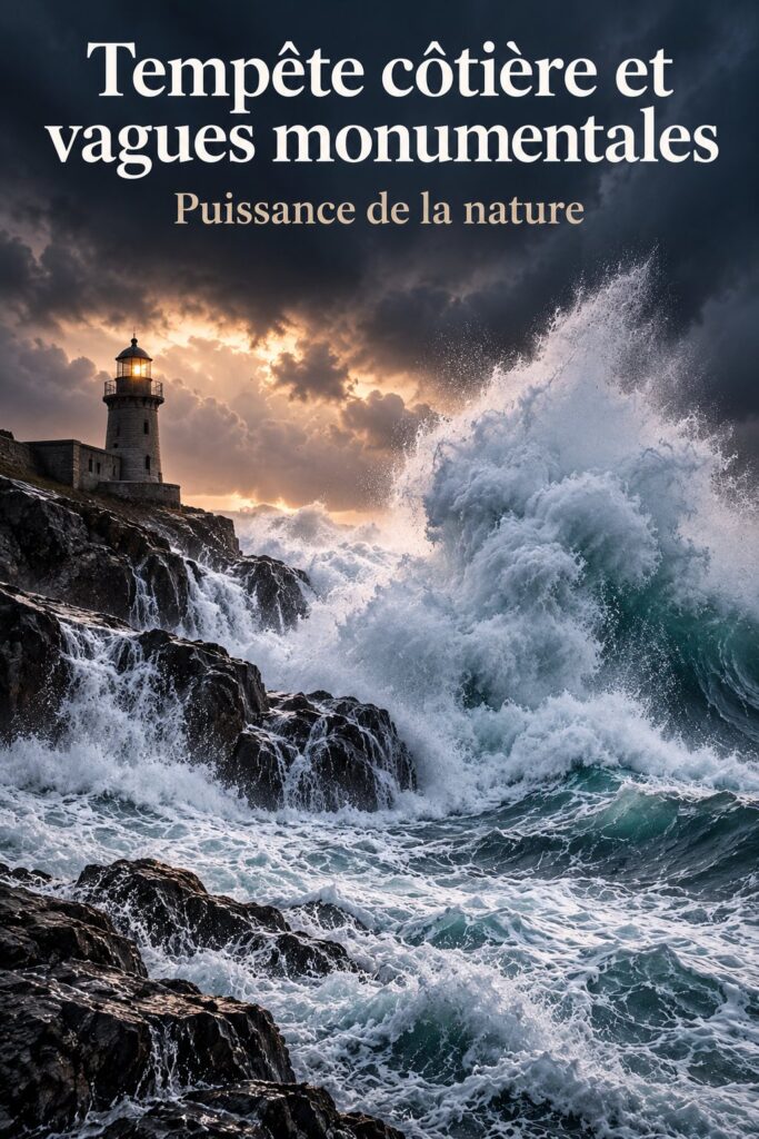 Tempête côtière avec des vagues monumentales se brisant sur les rochers.